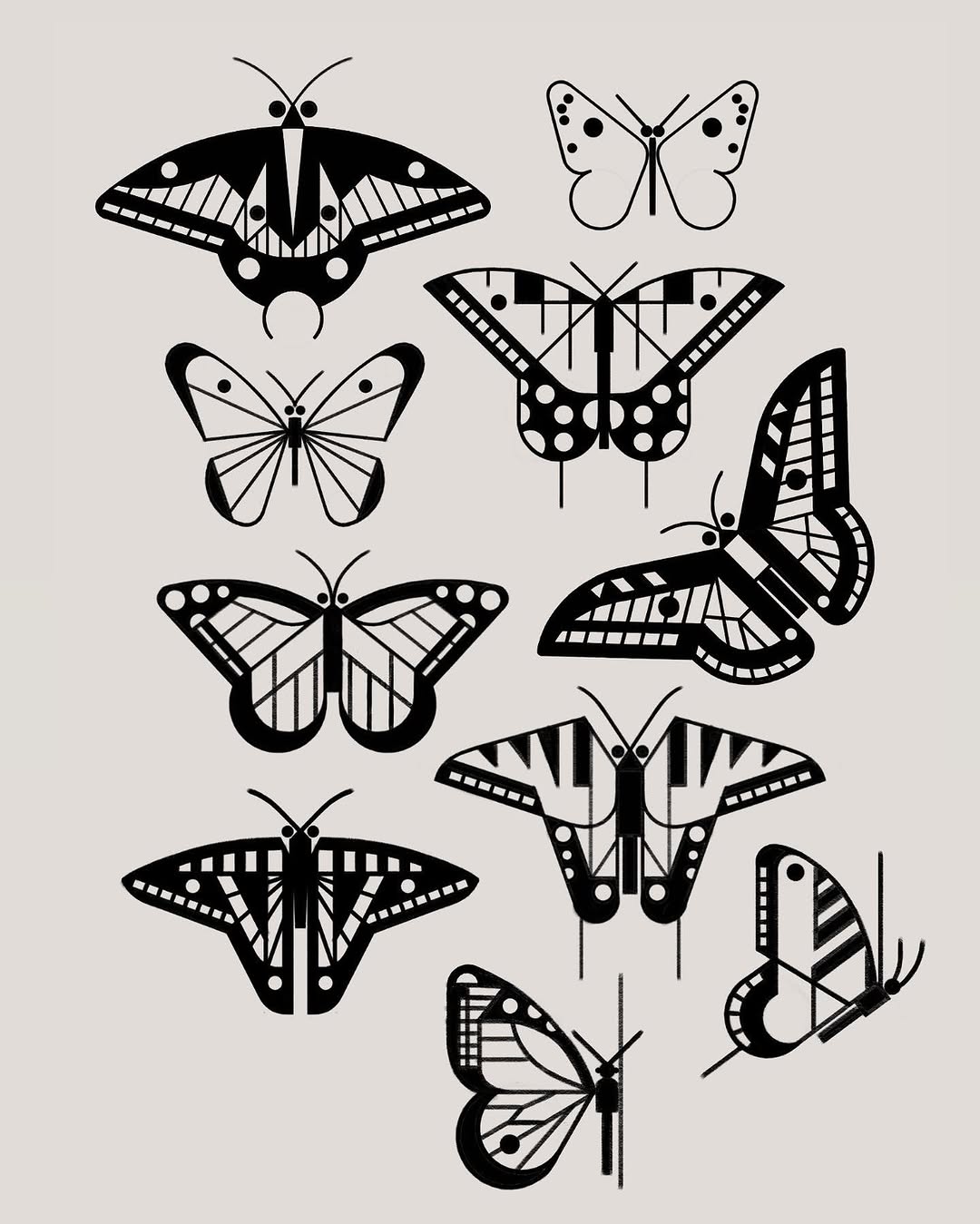 Collection of ten butterfly designs featuring various wing patterns, dots, and line work in black ink on white background.