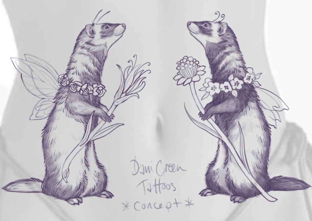 Two standing meerkats with fairy wings holding flowers and plants, rendered in purple ink on white fabric, labeled "Dani Green Tattoos Concept.