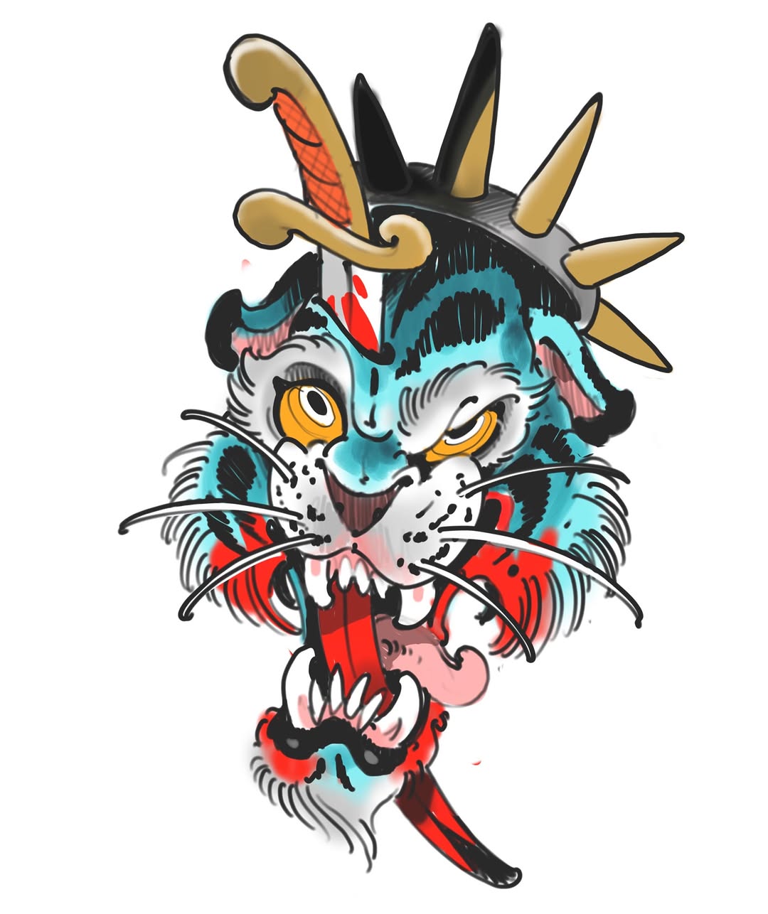 Colorful cat head with horns, gold spikes, turquoise and red markings, prominent whiskers and yellow eyes, shown as chest or upper body placement.