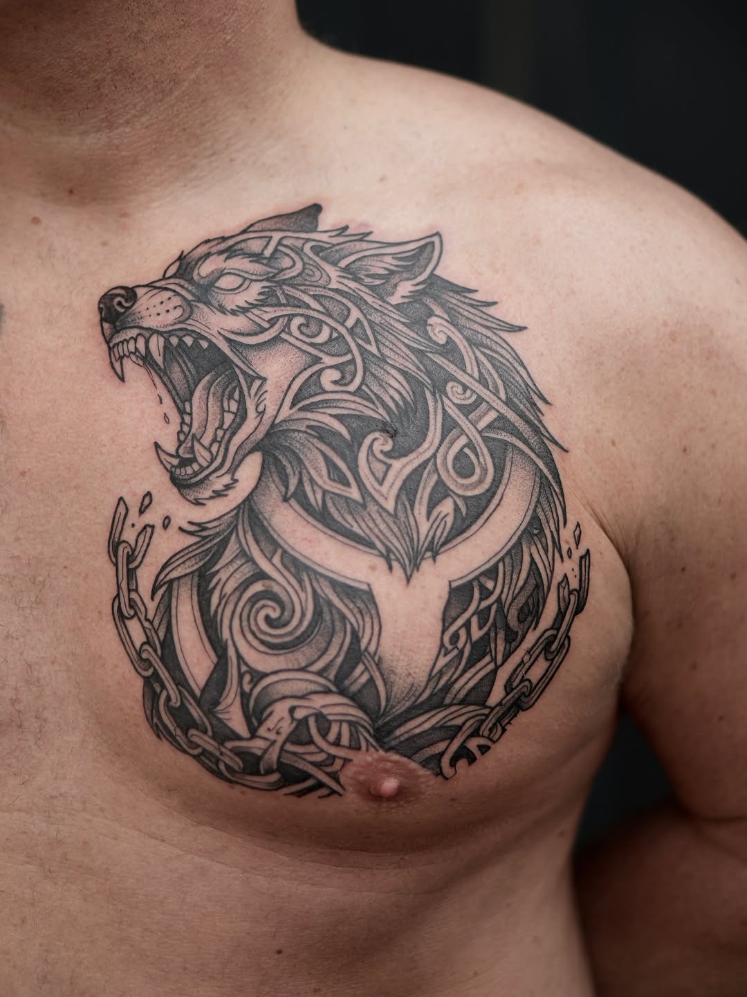 Detailed wolf head with ornamental knotwork and chain design tattooed on a man's chest in black and gray ink.