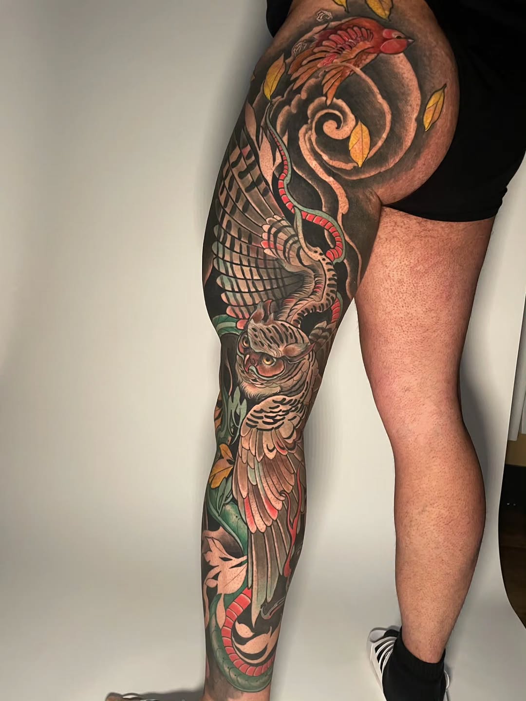 Full-leg tattoo sleeve featuring an owl with spread wings, rose, snake, and decorative floral elements in red, gold, and green on dark background.