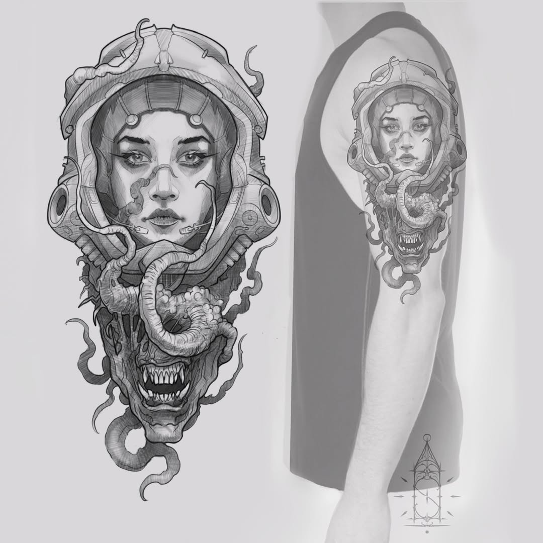 Detailed pencil sketch and arm tattoo design featuring a woman's face with elaborate mechanical helmet and monstrous creature imagery below in grayscale.