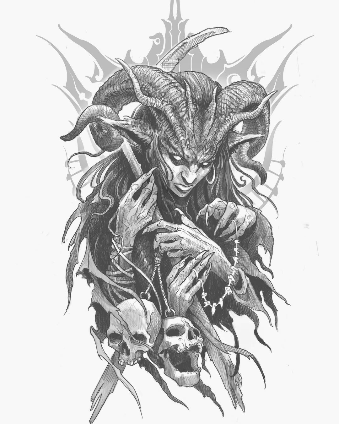Detailed monochrome sketch of a horned demon figure with elongated features, holding a rosary, positioned above a skull with flowing organic elements.
