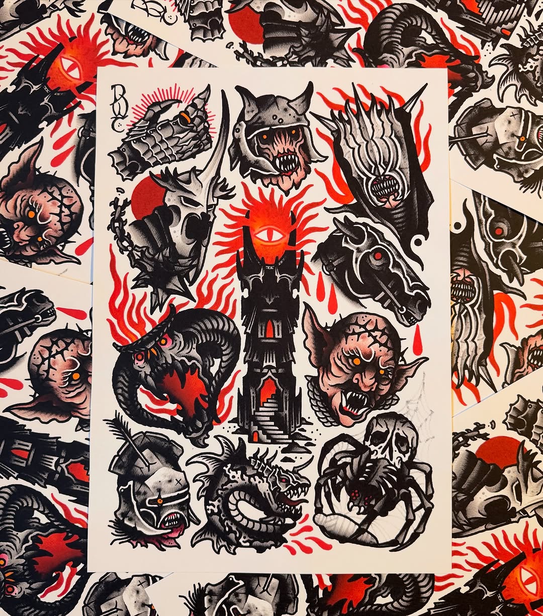 Tattoo flash sheet featuring demonic creatures, horned beasts, and a dark tower surrounded by red flames and black ink designs on cream paper.