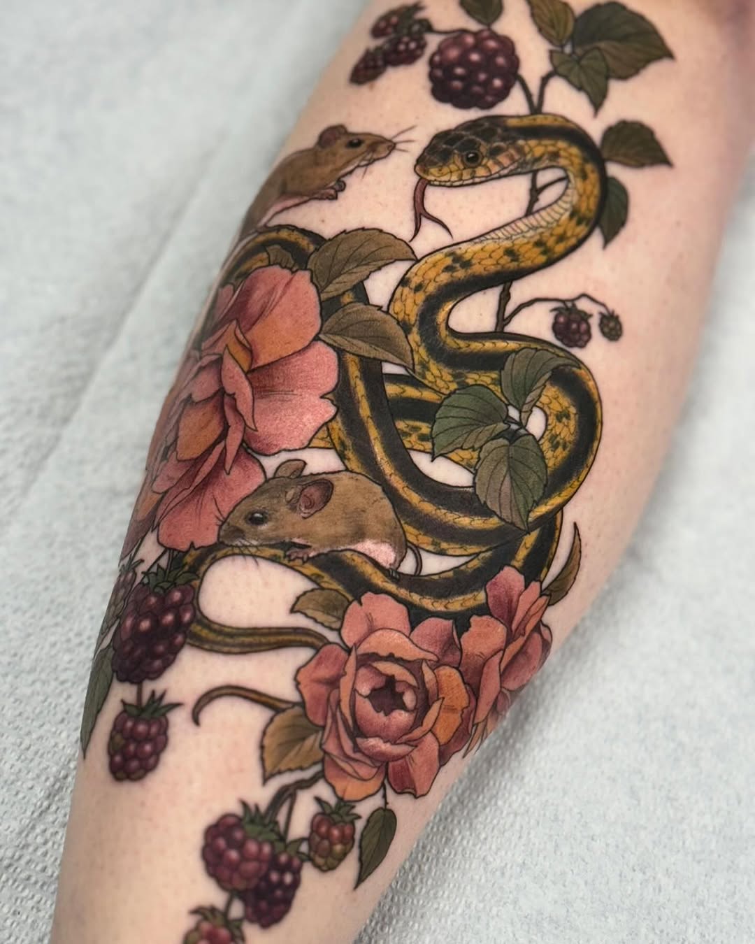 Colorful tattoo on an arm featuring a coiled snake with yellow and black markings, surrounded by pink roses, berries, mice, and foliage in green and burgundy tones.