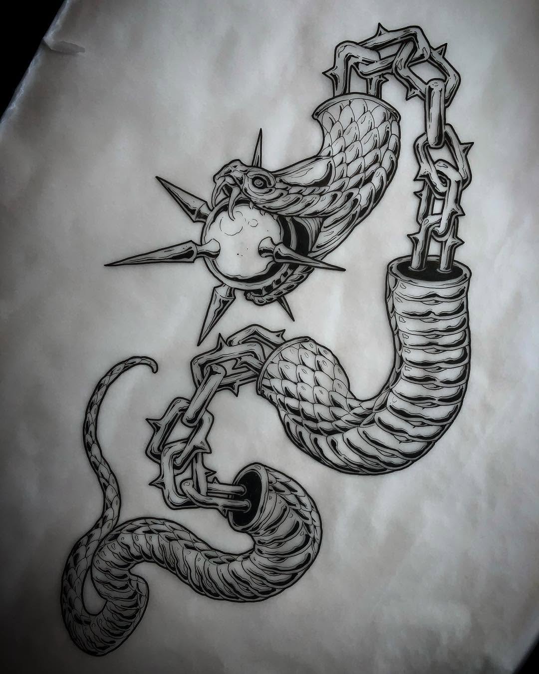 Pen and ink drawing of three ornate seahorses with scaled bodies, spiky protrusions, and decorative chain-like elements wrapped around their forms.