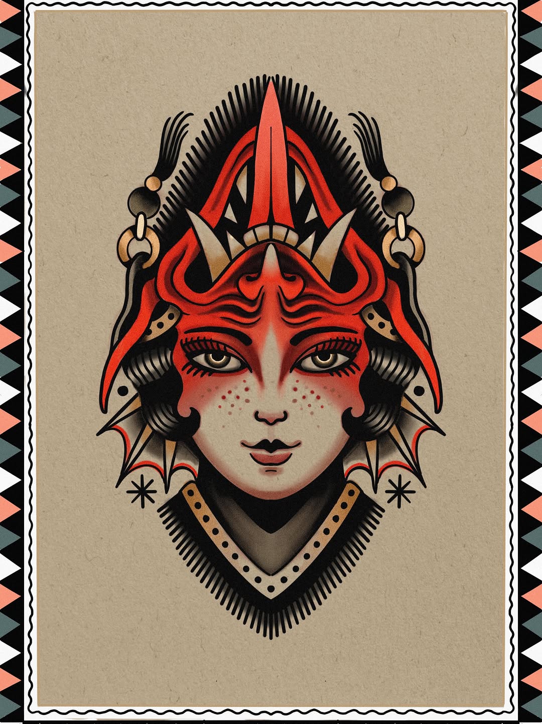 Red and black demon head with pointed horns, freckles, and ornate jewelry on tan paper with decorative geometric border.