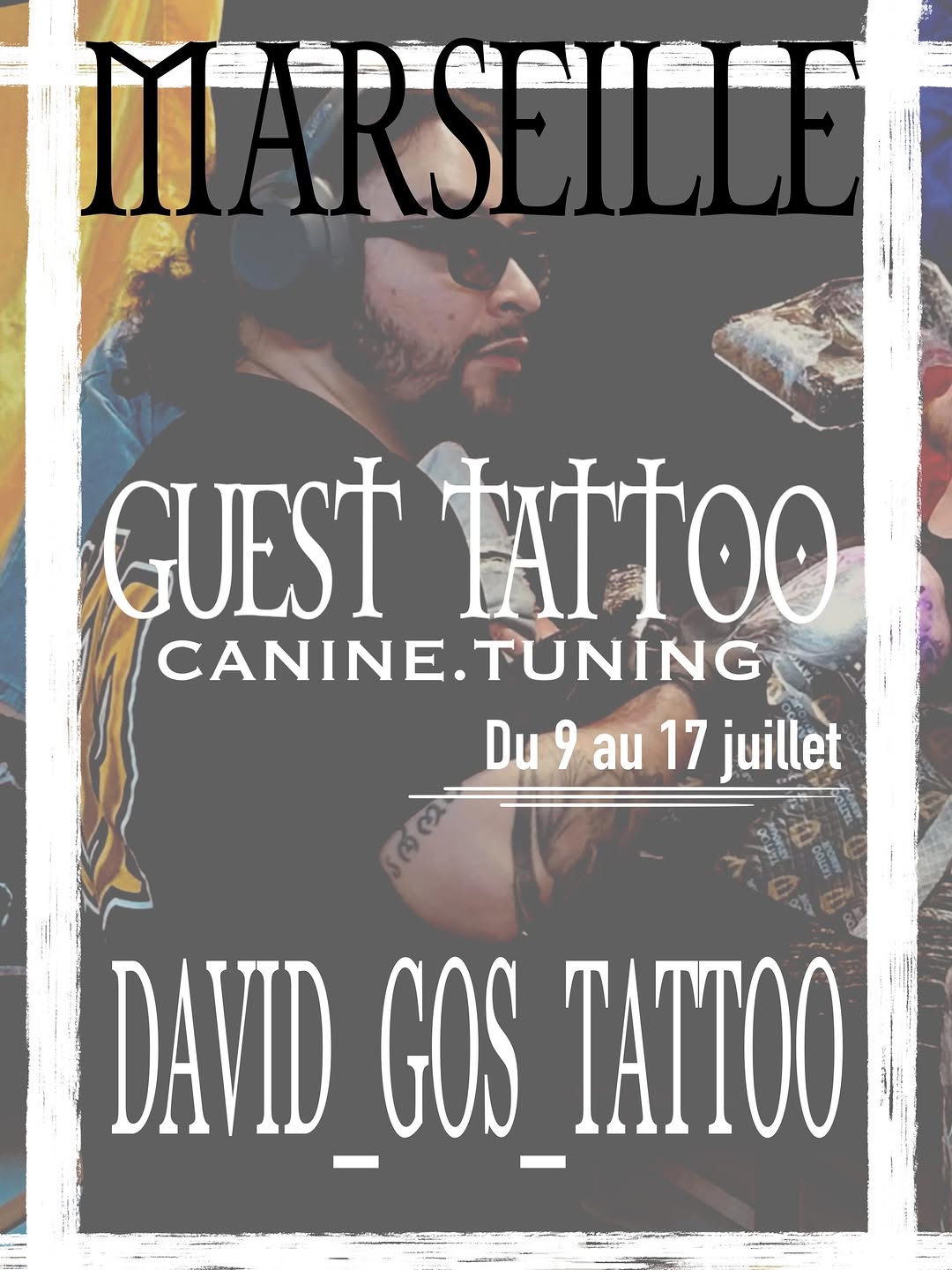 Promotional poster for a tattoo convention in Marseille featuring a tattooed man with visible arm and chest ink in warm and cool tones.