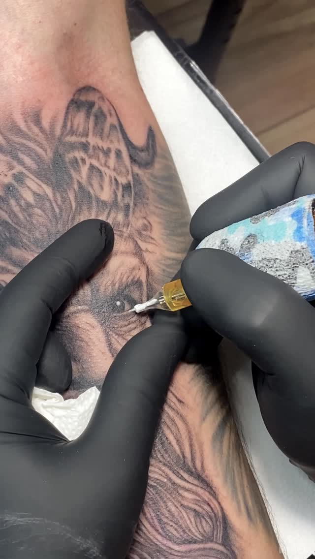 Tattoo artist applies ink to a winged angel figure on a client's arm, showing detailed shading and linework in dark gray and black tones.