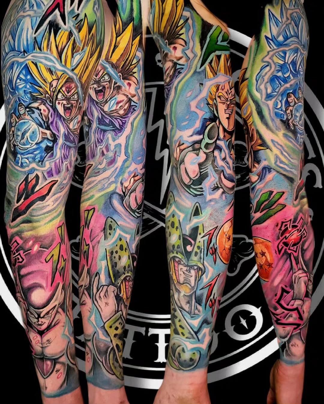 Colorful full-leg sleeve tattoo featuring multiple anime characters with spiky yellow hair, dynamic poses, and vibrant pink, blue, yellow, and green backgrounds.