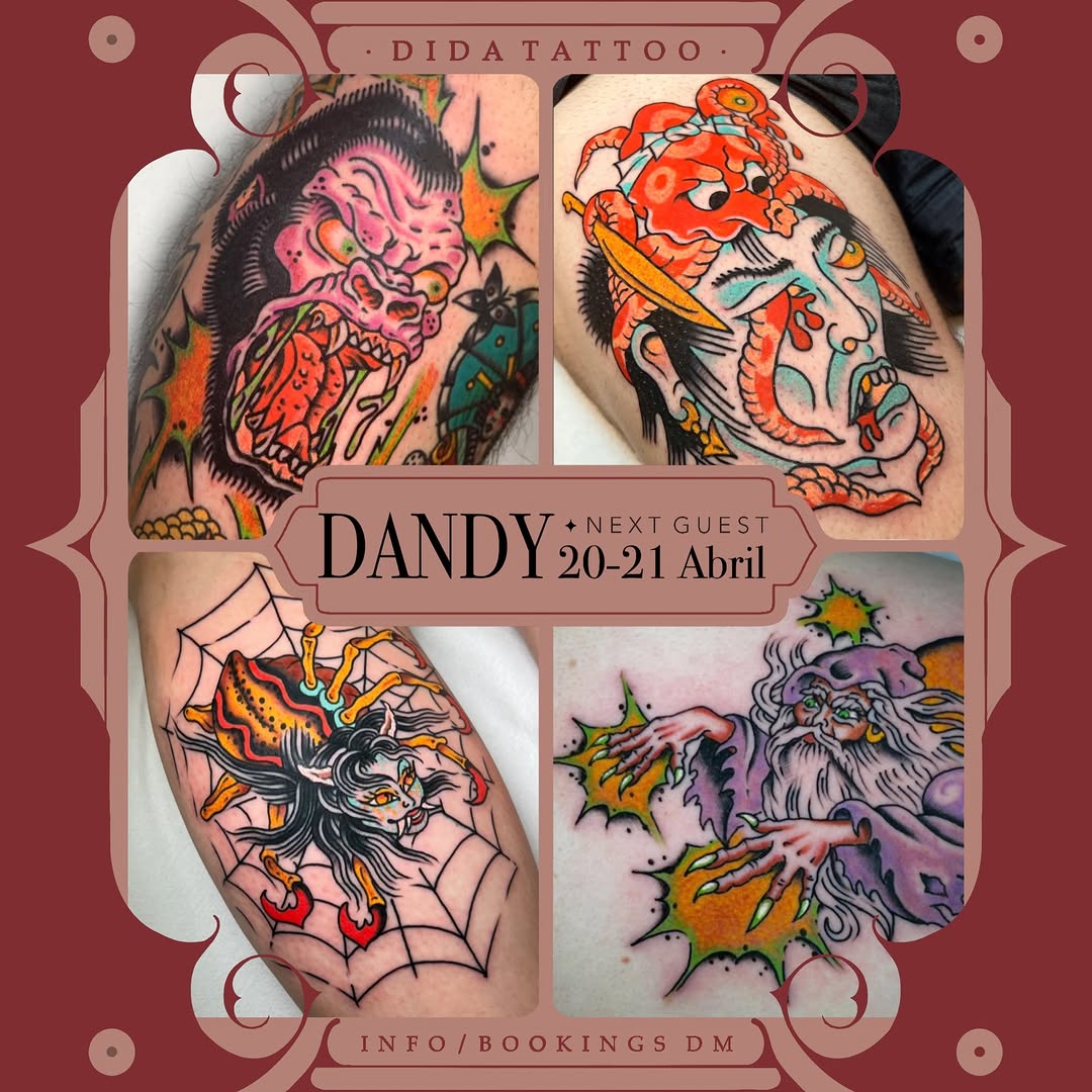 Four colorful demon and creature tattoos featuring pink, red, orange, and purple ink with detailed facial expressions and decorative elements on various body placements.