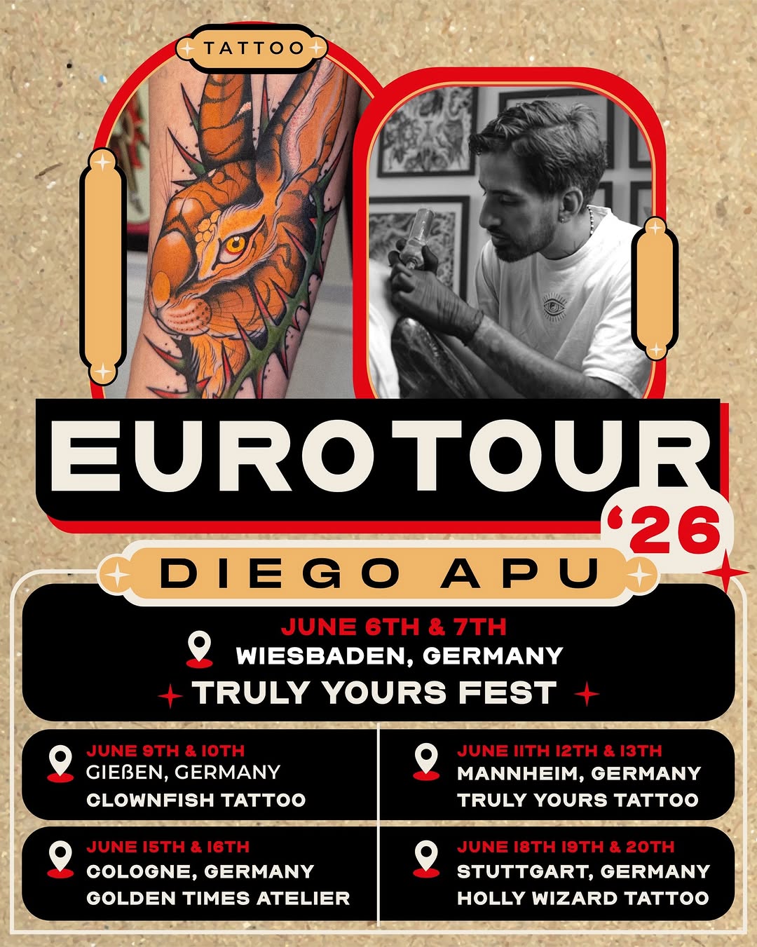 Colorful orange and brown dragon head tattoo on arm displayed alongside tattoo artist Diego Apu's Euro tour dates across German cities in June.