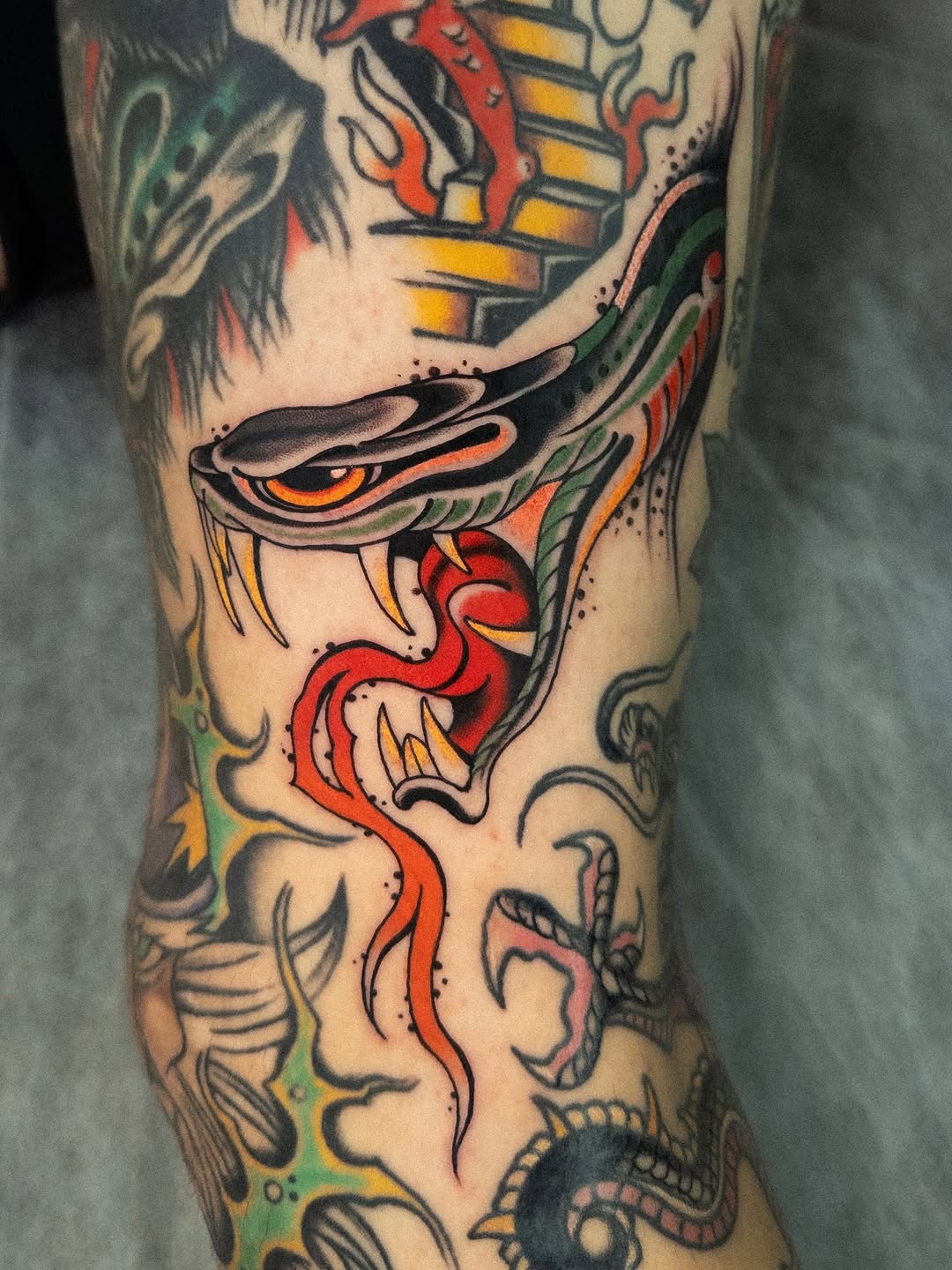 Colorful snake and skull tattoo on leg featuring red, yellow, green, and black ink with detailed linework and shading.