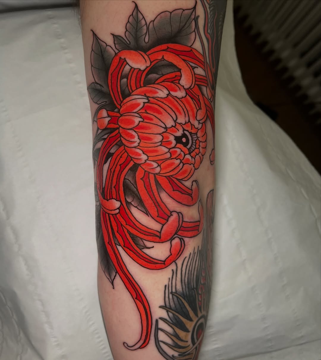 Red chrysanthemum flower with gray leaves and black outlines on the inner forearm, with additional floral elements visible below.