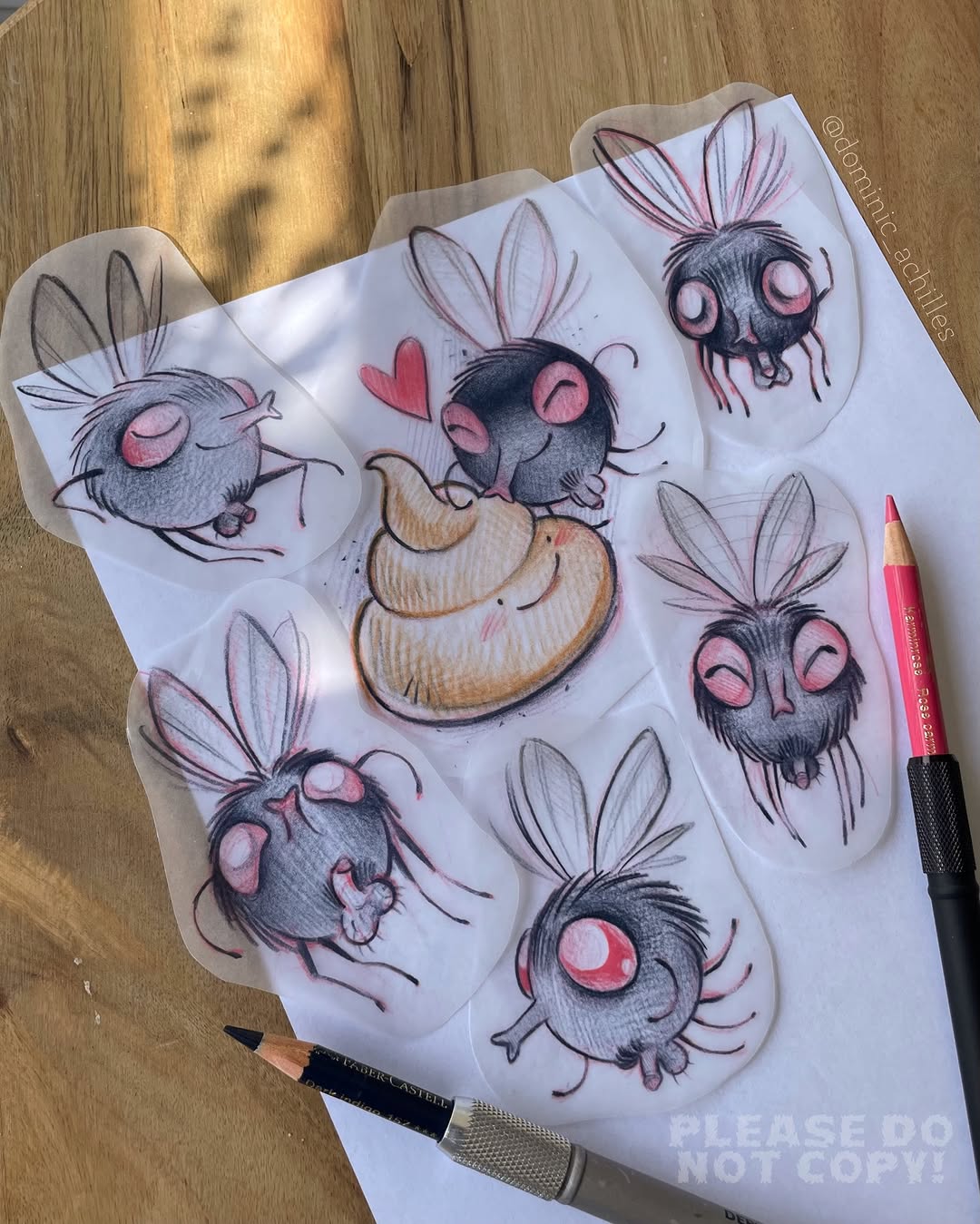 Colored tattoo design sheet featuring six cartoon insects with large pink eyes, delicate wings, and expressive faces, with one holding a brown object and a red heart detail.