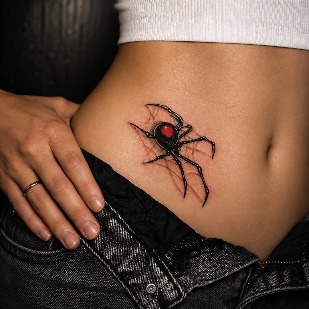 Black spider with a red hourglass marking on the abdomen, tattooed on the ribs of a person wearing a white crop top and black jeans.