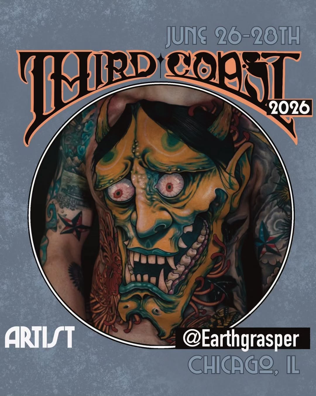 Gold and teal skull with red eyes and ornamental details tattooed on chest and shoulder, featuring complementary designs on surrounding skin.