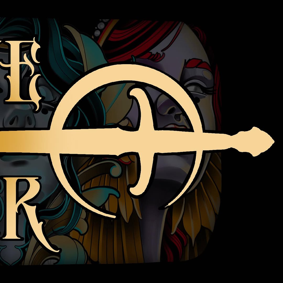 Ornate cross tattoo design featuring gold lettering and intricate architectural elements in teal, brown, and red tones on dark background.