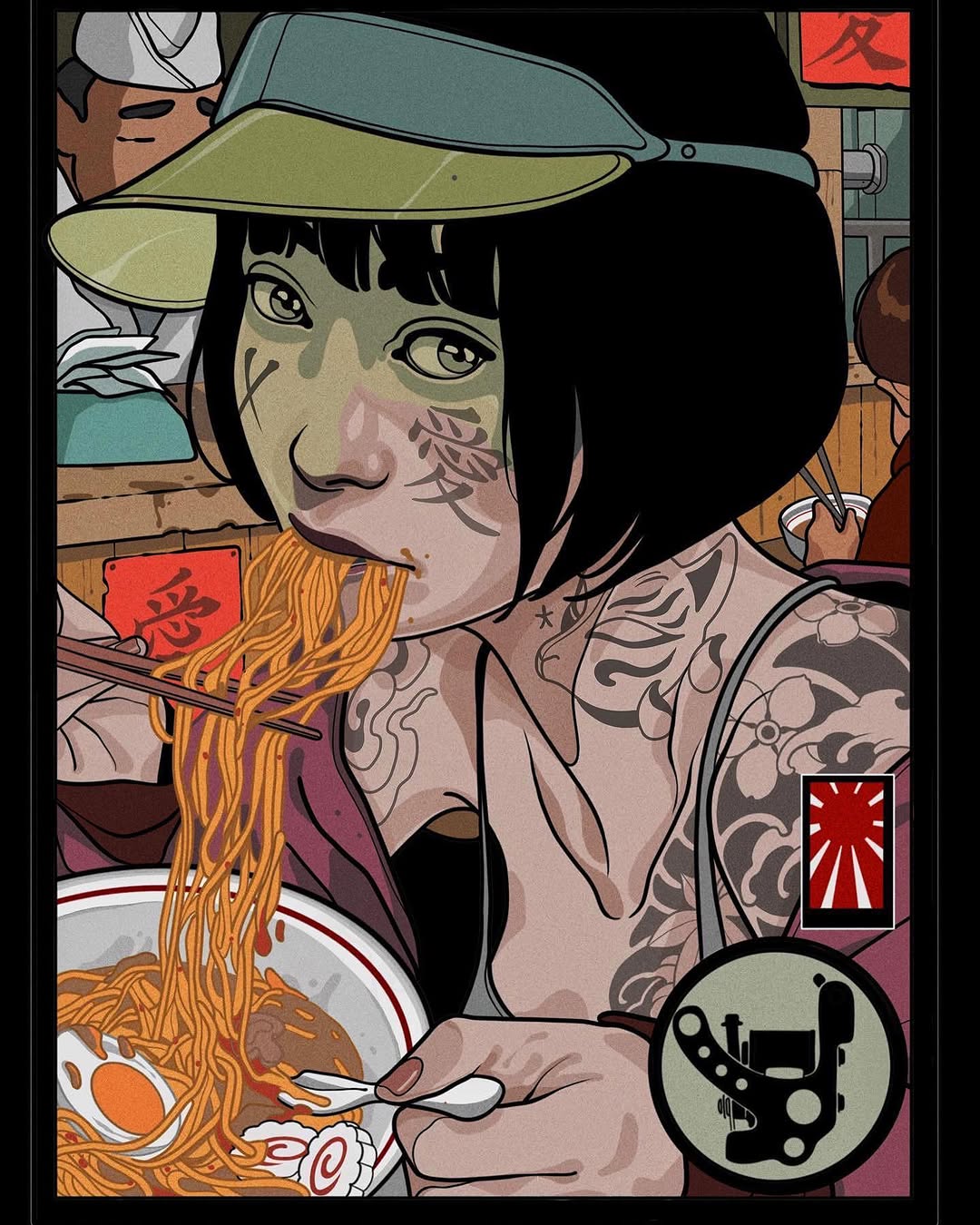 Illustrated portrait of a tattooed person wearing a green hat and eating noodles from a bowl, featuring facial tattoos and upper body designs in muted colors.