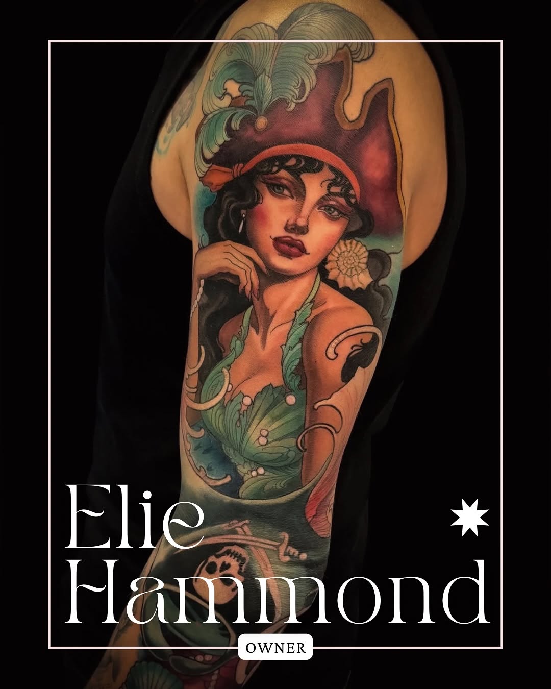 Colorful upper arm tattoo featuring a woman wearing a red hat and green clothing with ornamental flourishes and floral elements in coral, teal, and gold tones.
