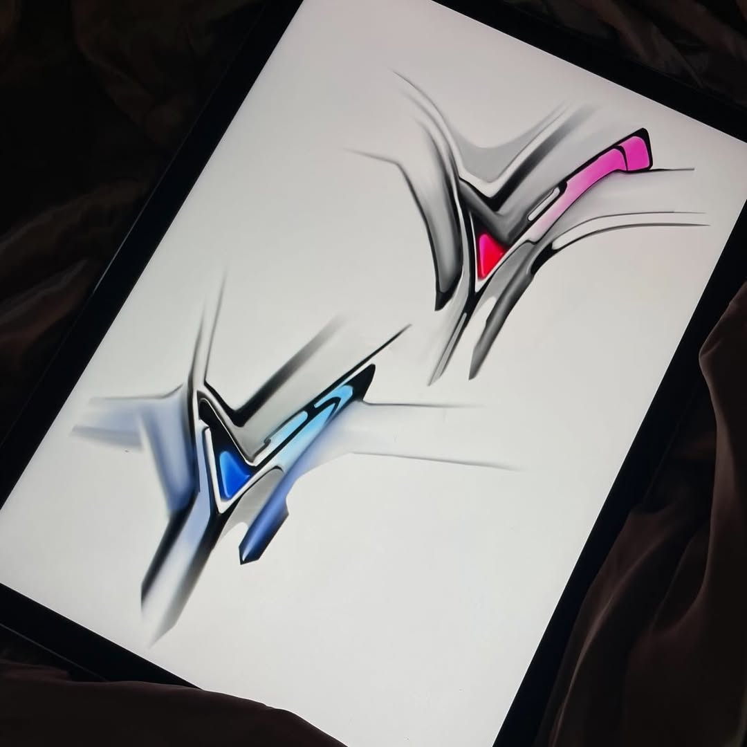 Two detailed sketches of bird branches with pink and blue colored accents on white paper, positioned at angles.