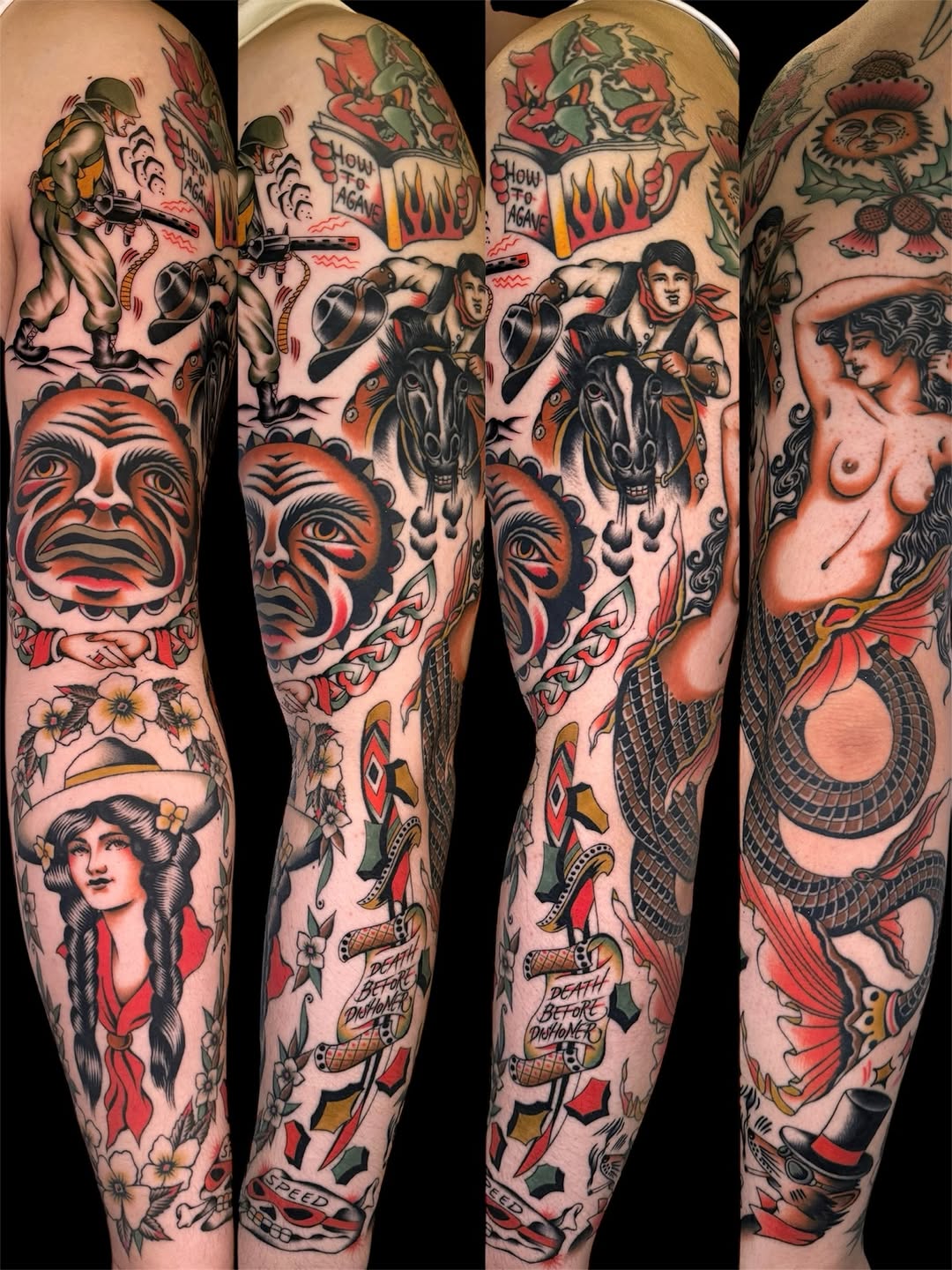 Full-length leg sleeve featuring classical figures, demons, soldiers, mermaids, and floral elements in red, black, and gold on pale skin.