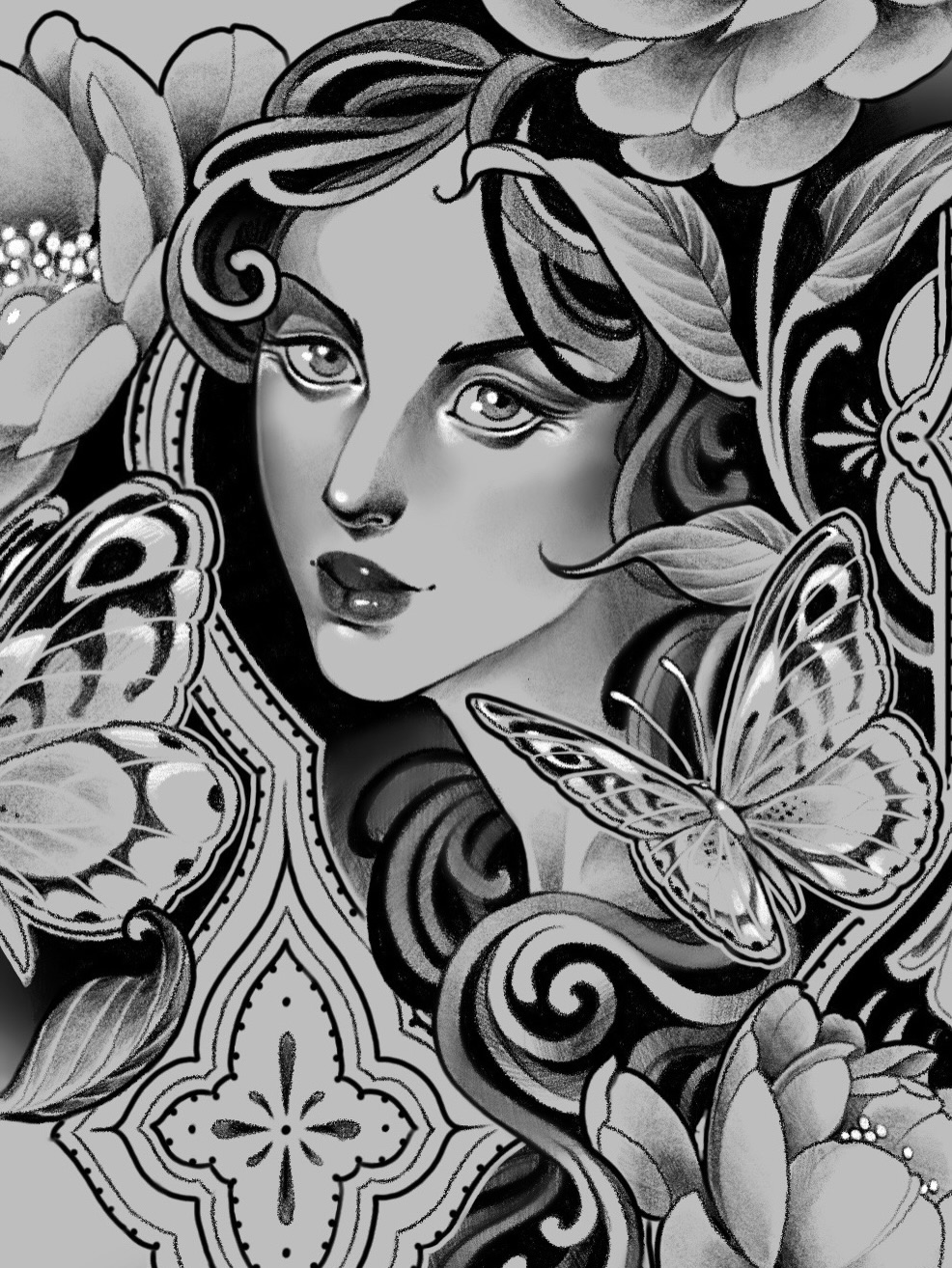 Detailed monochromatic portrait of a woman's face surrounded by ornate floral elements, butterflies, and decorative geometric patterns in black and white.