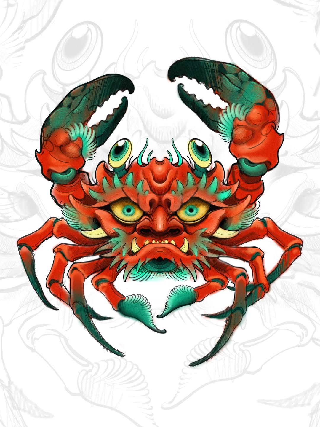 Colorful crab design featuring red body, green claws and details, yellow eyes with gold rings, and prominent horns, shown front-facing on white background.
