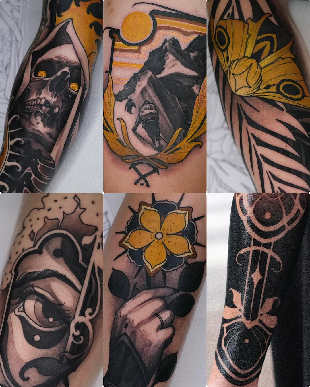 Six tattoos featuring skulls, mountains, flowers, and decorative elements in black ink with gold and orange accents on various arm placements.