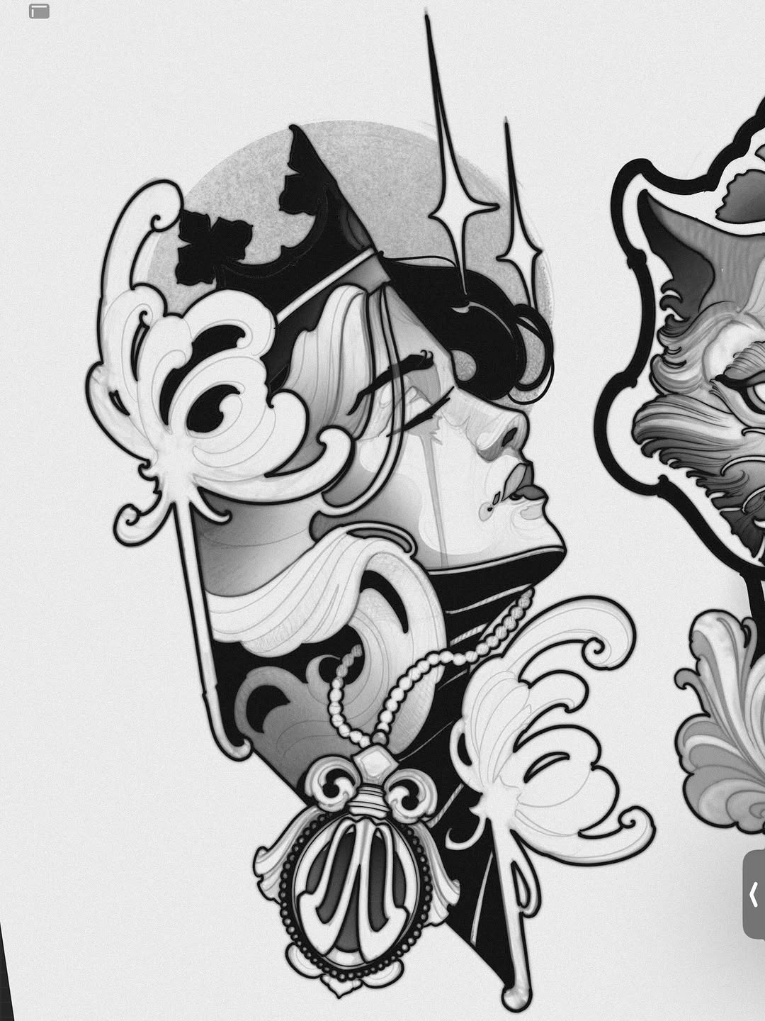 Detailed monochromatic sketch of an ornate female profile wearing elaborate headdress with scrolling flourishes, pearl necklace, and decorative shell motif below.