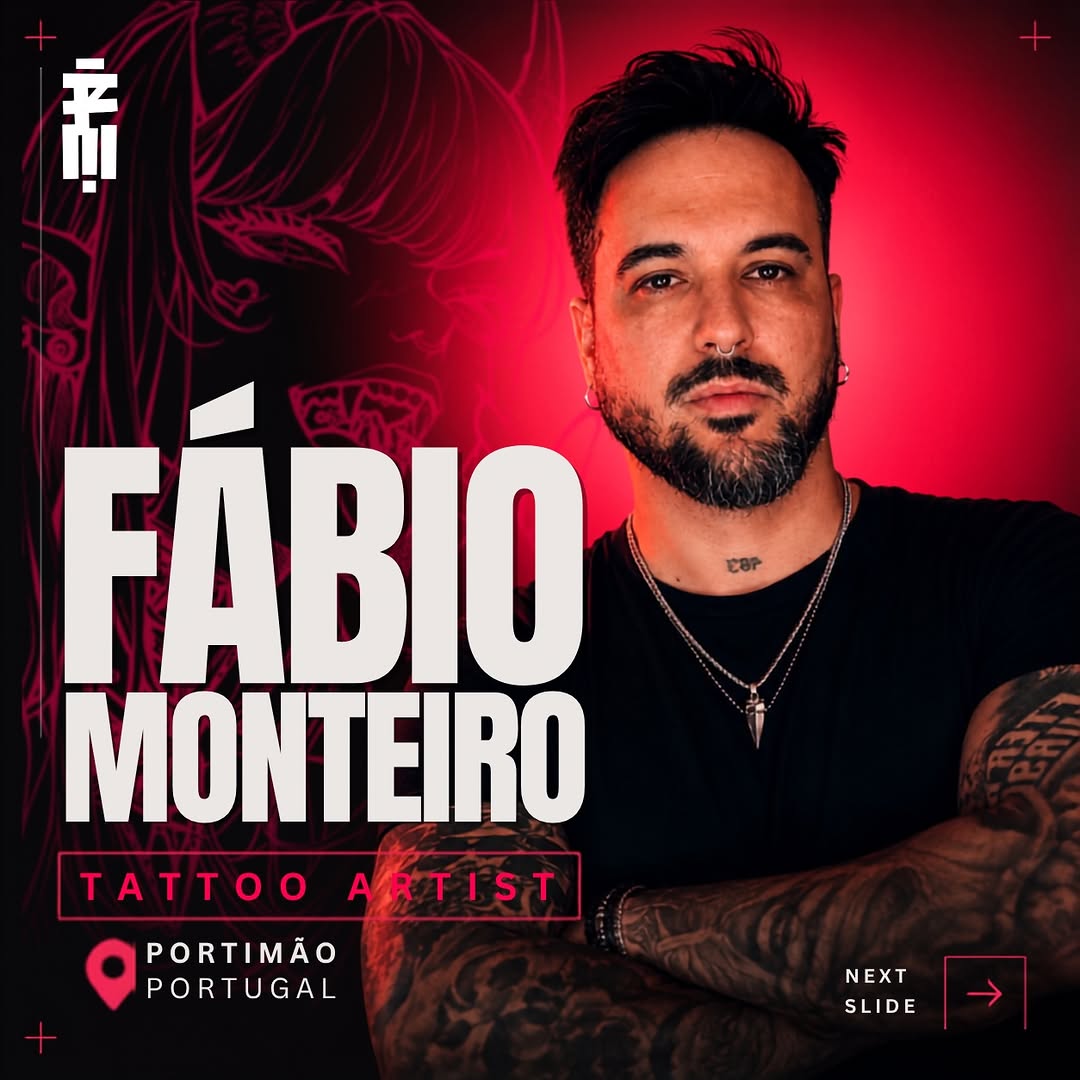 Fabio Monteiro, tattoo artist from Portimão Portugal, displays large-scale dark patterned tattoos on his arms against a red background.