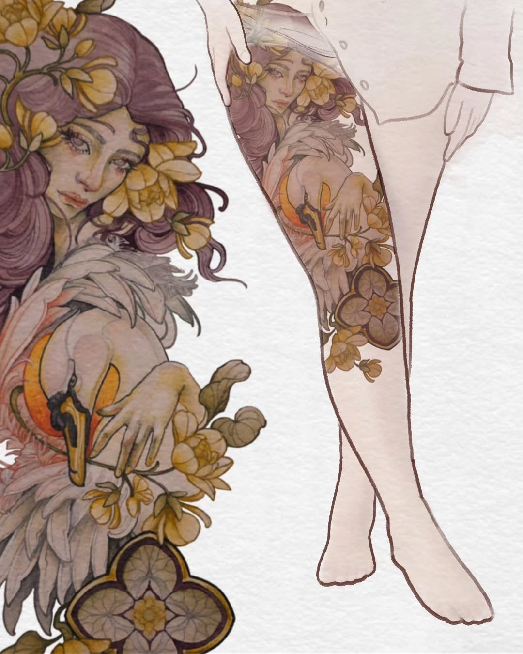 Tattoo design featuring two feminine figures with flowing mauve hair adorned with gold flowers, rendered in warm earth tones and gold accents on pale skin.