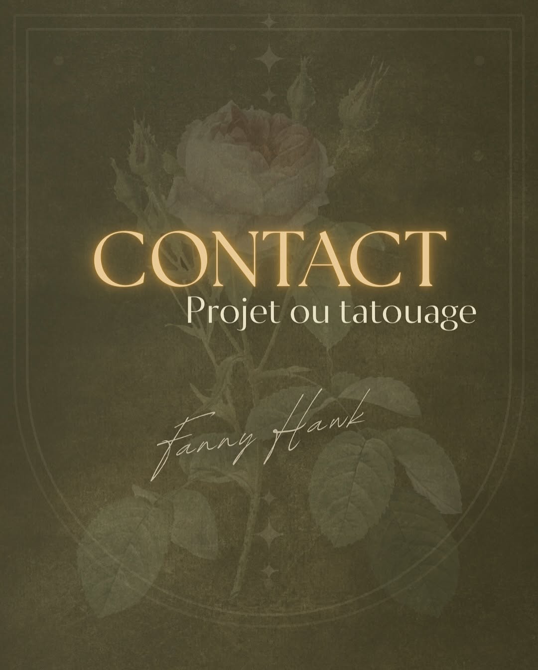 Vintage rose flower tattoo design in muted green and gold tones on portfolio cover by artist Fanny Hank.