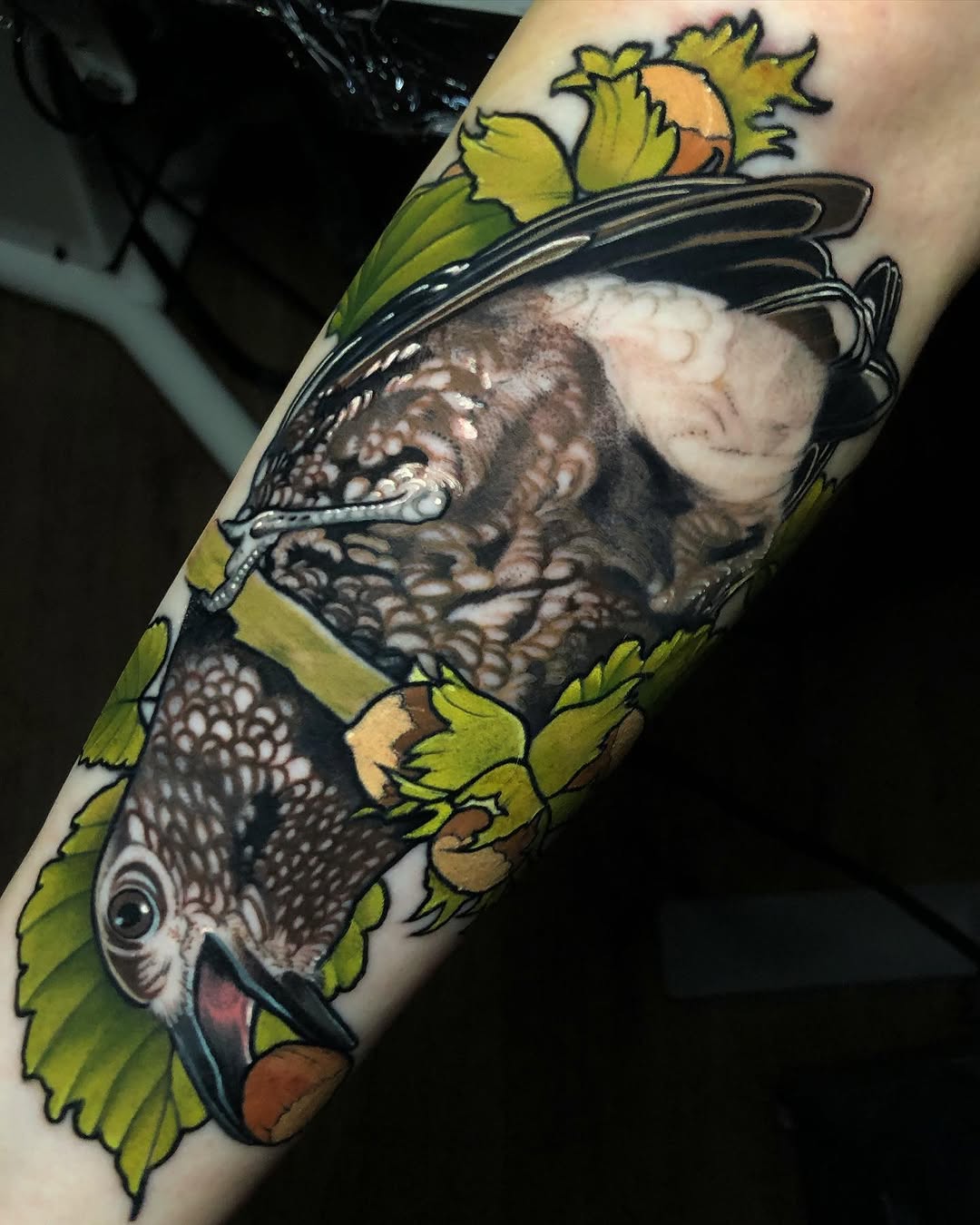 Colorful tattoo on forearm featuring a detailed owl's head and a smaller creature with wings, surrounded by green and yellow foliage elements.