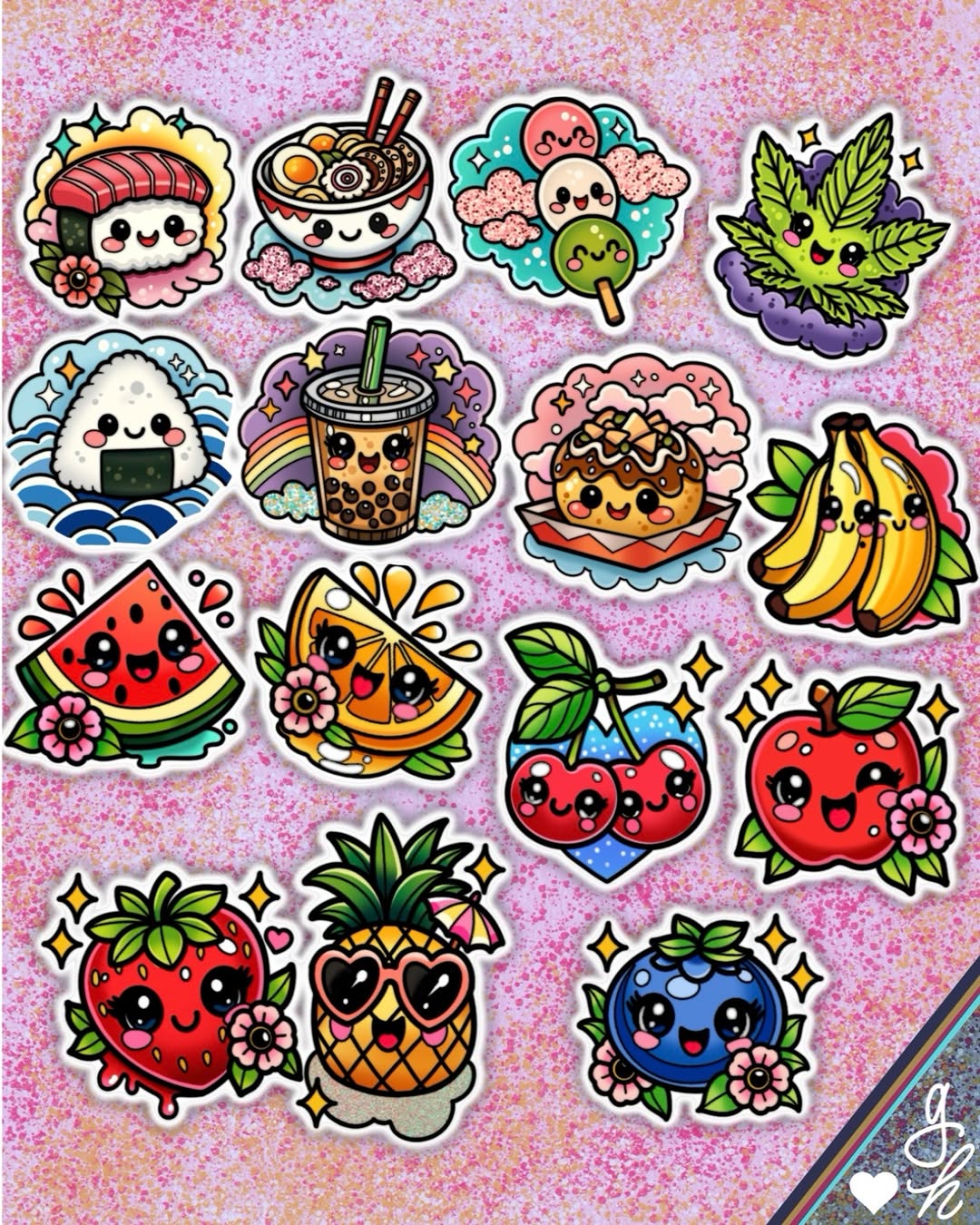 Colorful sticker sheet featuring sixteen smiling anthropomorphic fruits, vegetables, and food items with flowers and sparkles on a pink glitter background.