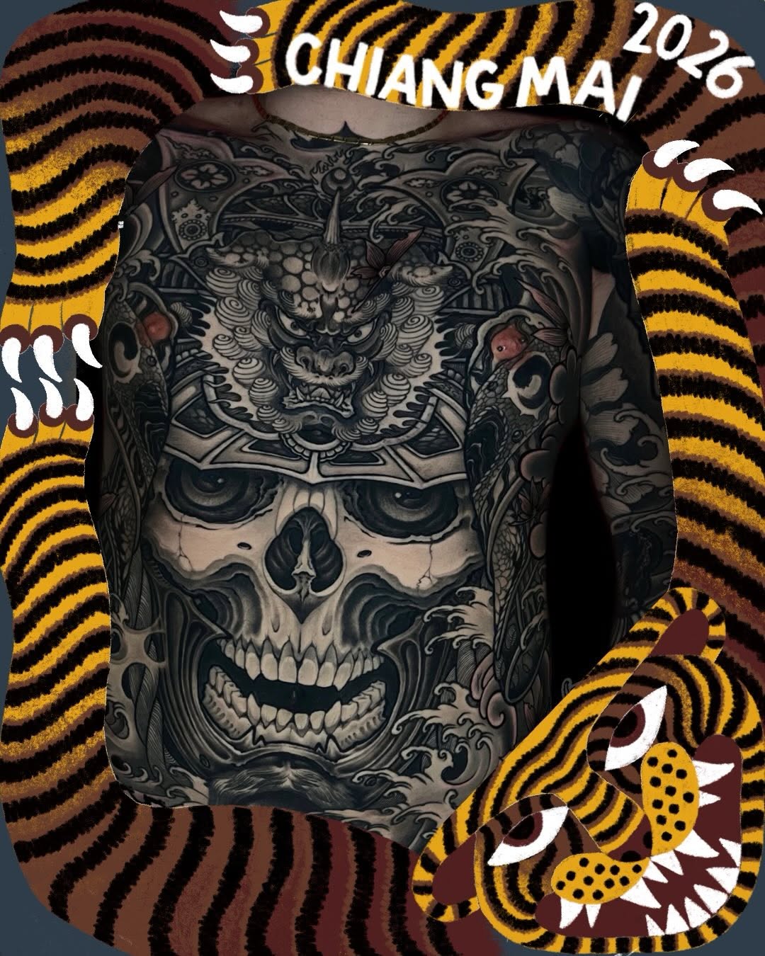 Intricate skull chest piece with ornamental dragon and flourishing details in black ink on pale skin, framed by gold and burgundy striped tiger graphics.