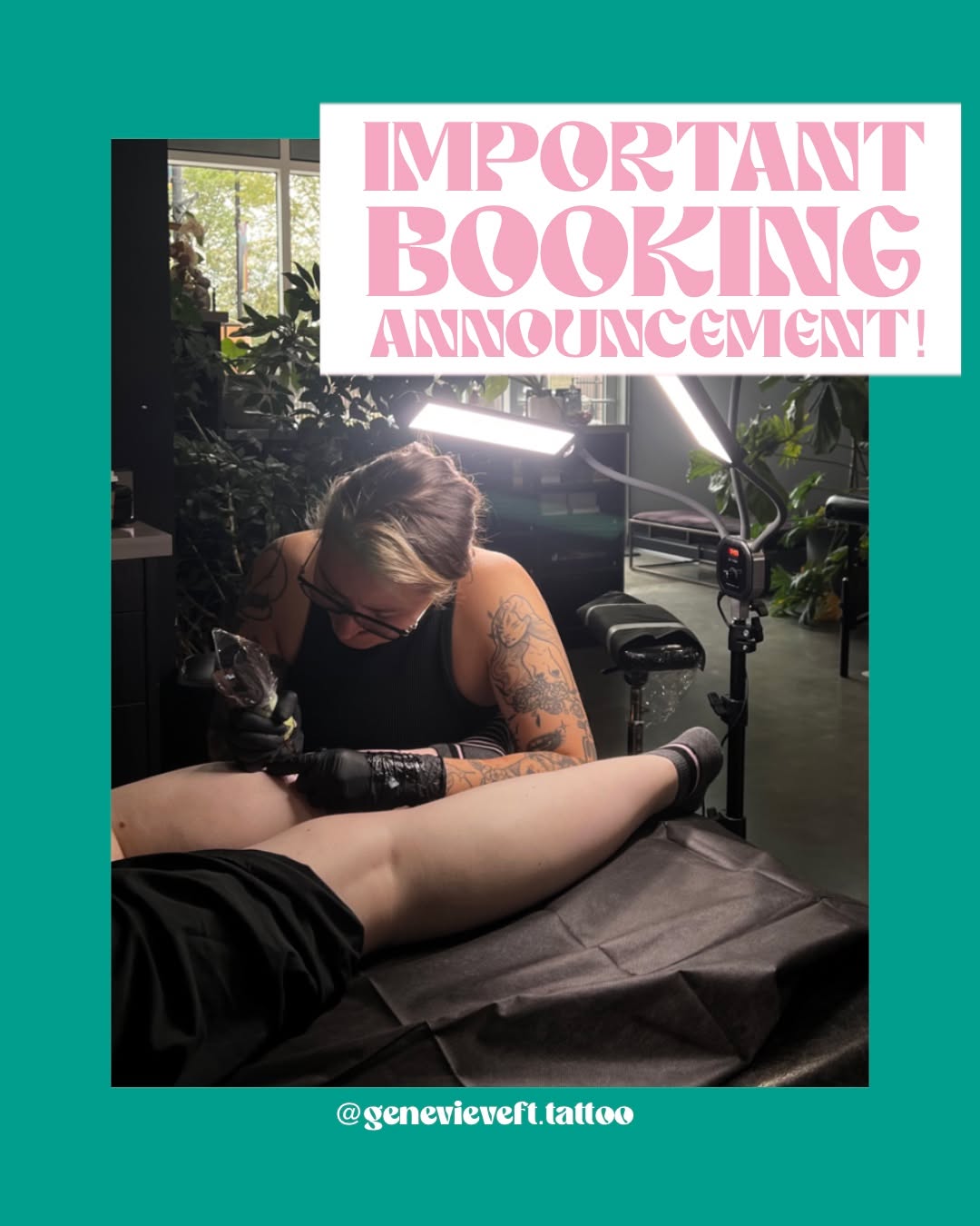 Tattoo artist working on a client's leg in a studio with plants and studio lighting, promoting booking availability.