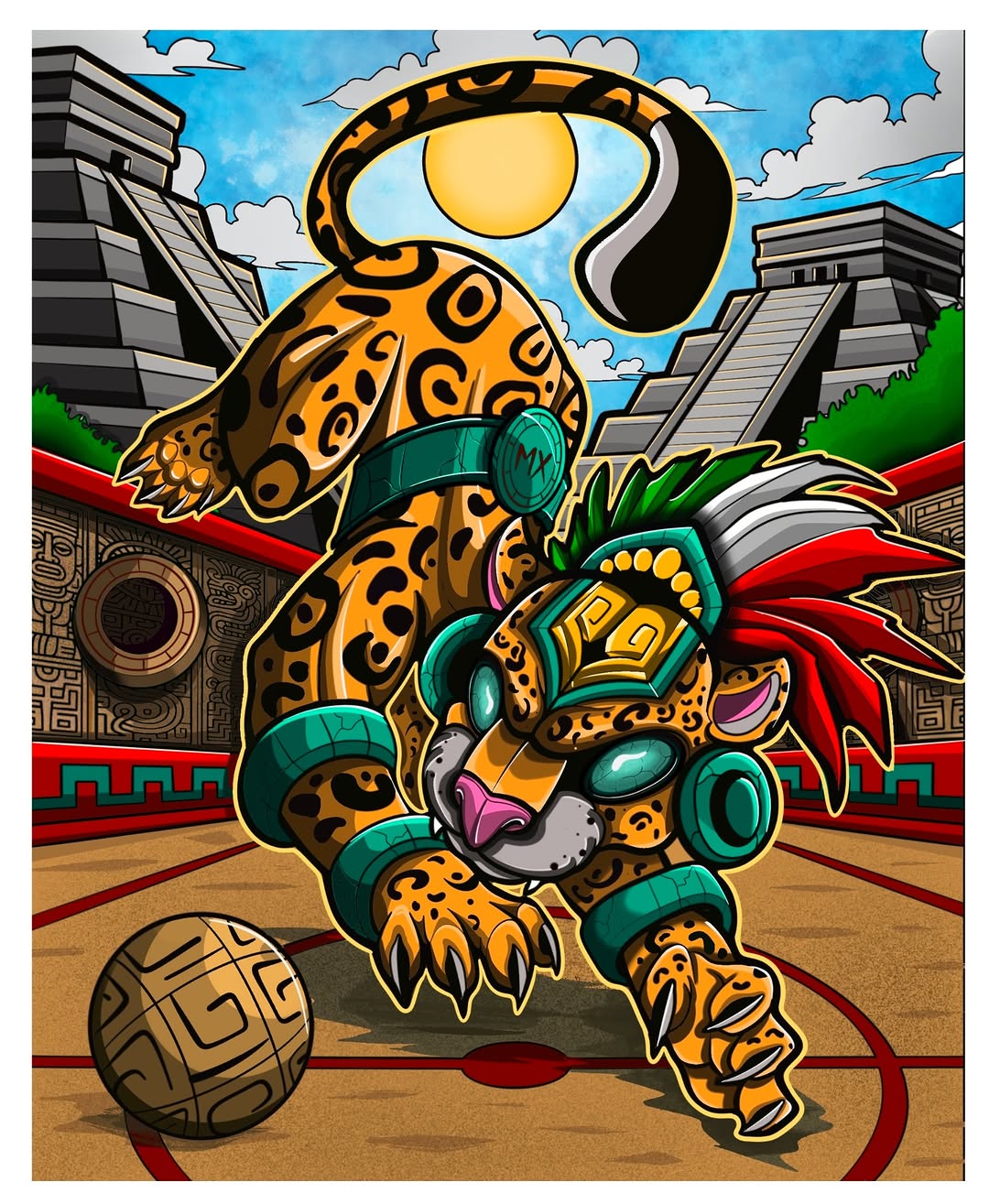Colorful jaguar warrior with turquoise armor and ornate details in an Aztec temple setting with a decorated ball below.