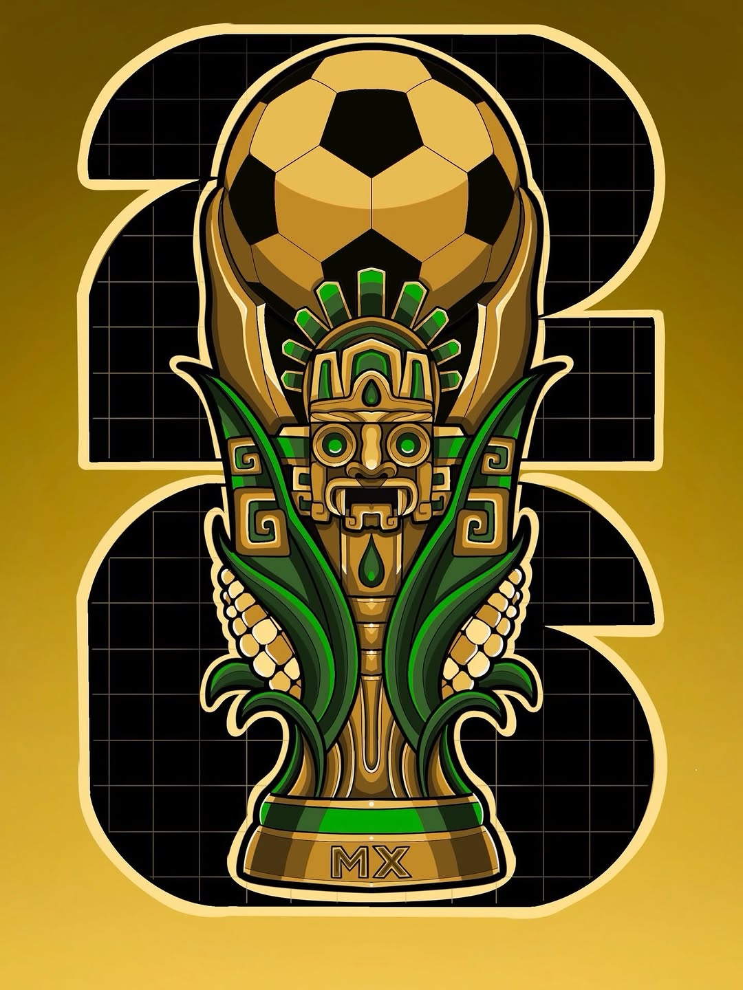 Gold and green Aztec deity mask holding a soccer ball, with corn stalks and "MX" text on the base.