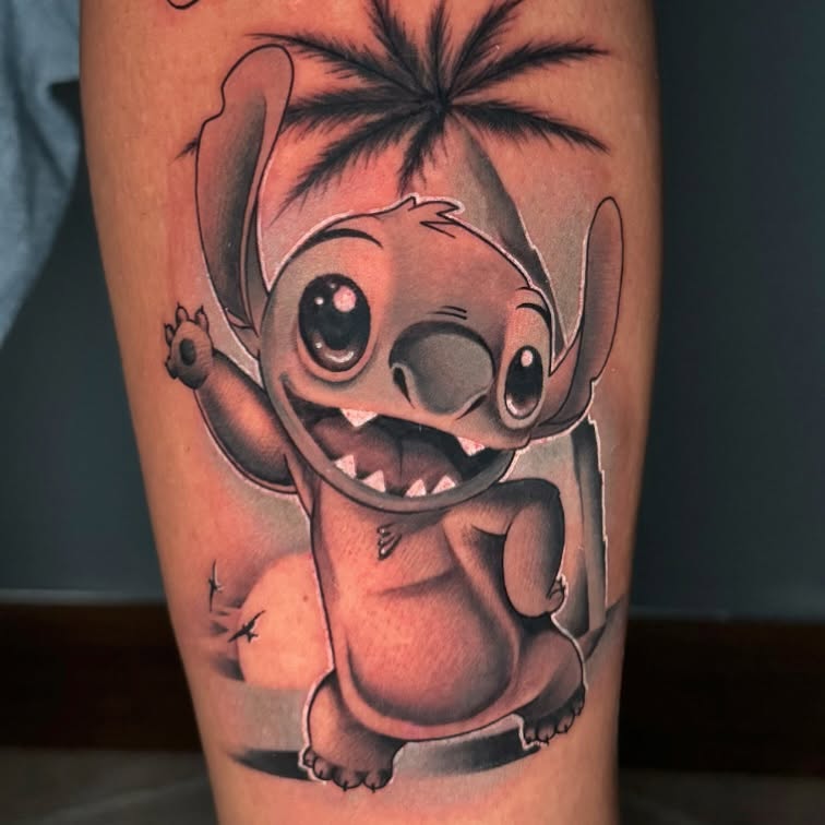 Smiling cartoon character with large ears and spiky hair on upper arm, rendered in grayscale with shading on peachy skin tone.