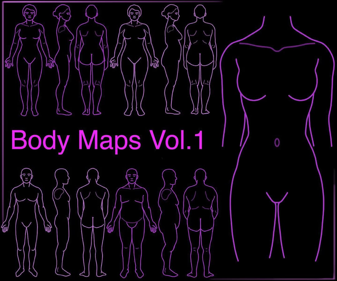 Neon purple outlined anatomical body maps showing front and back views of male and female figures on black background.