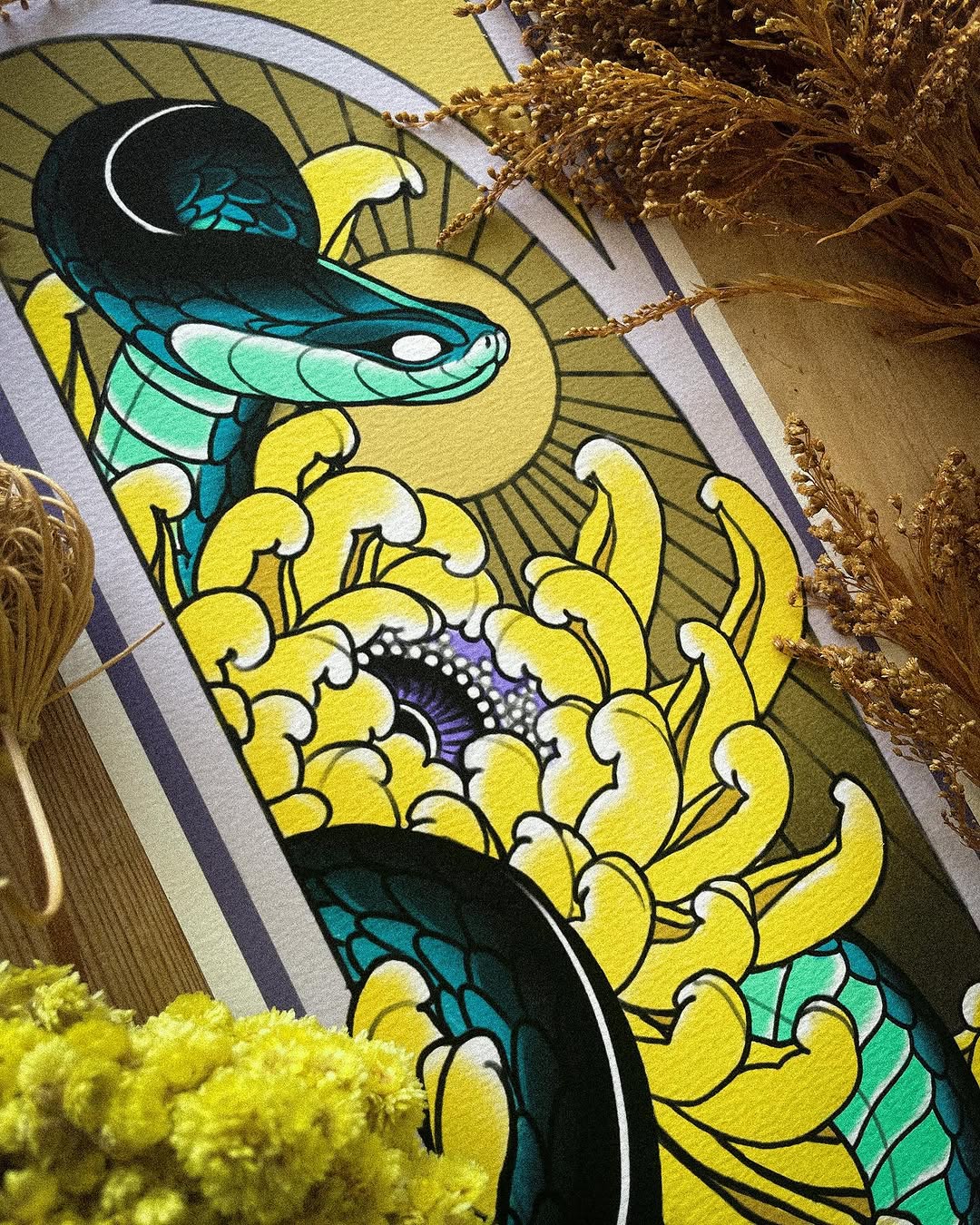 Colorful dragon tattoo featuring bright yellow scales, teal and dark blue accents, white details, and a purple eye with radiating lines.