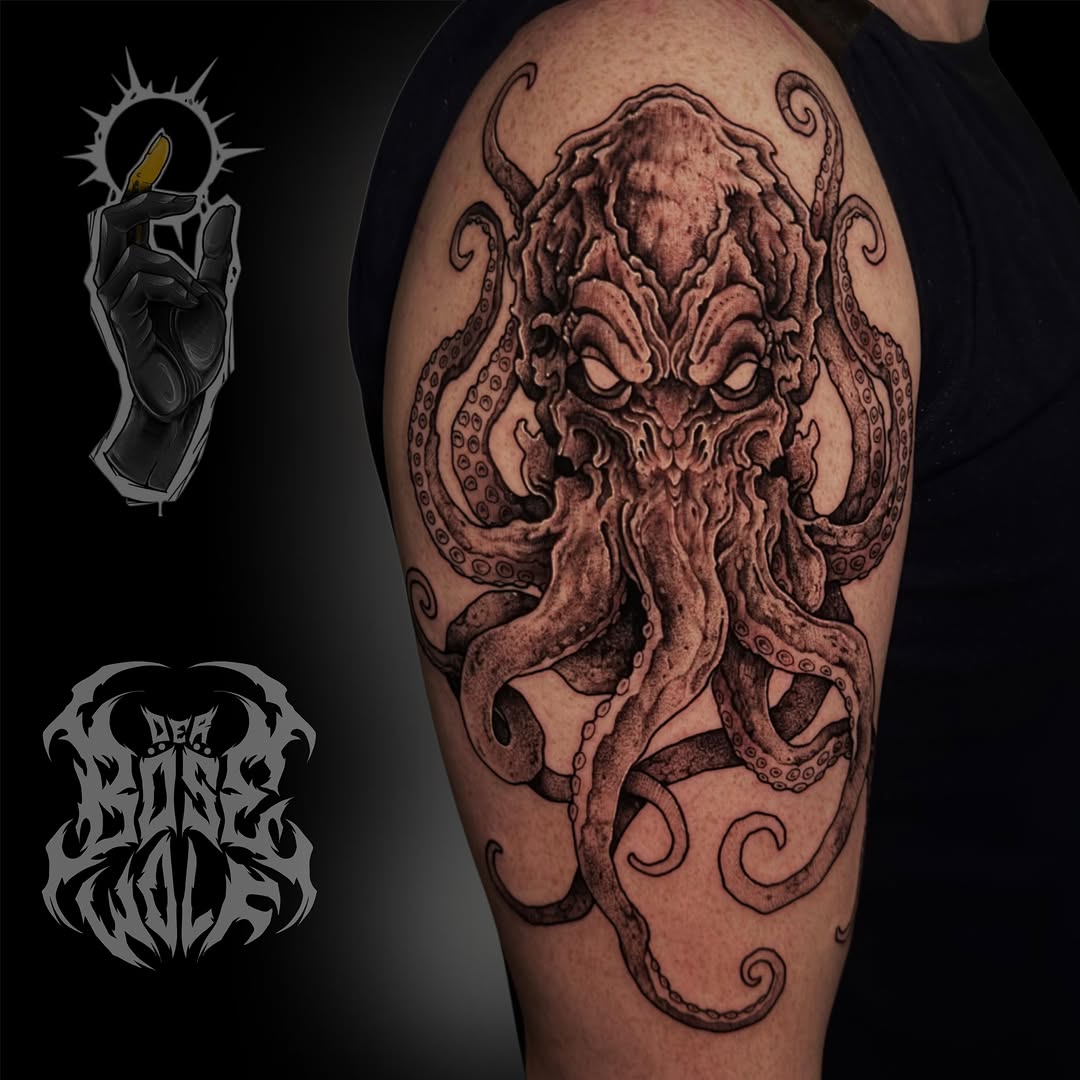 Cthulhu-inspired creature with tentacles and spiral horns tattooed on upper arm in brown and black ink, displayed alongside band logos.