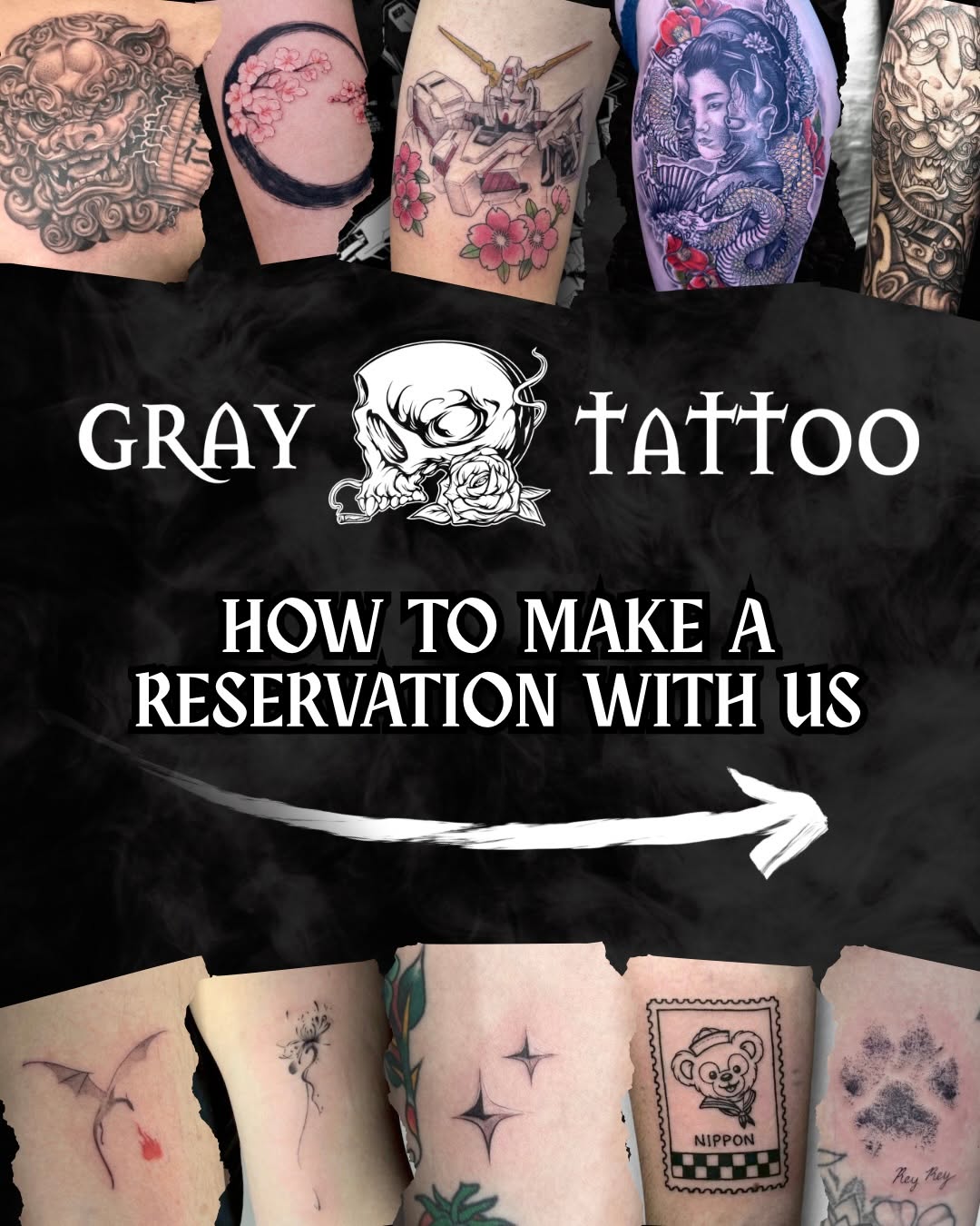 Gray Tattoo portfolio showcasing ten body tattoos featuring skulls, flowers, figures, geometric designs, and animals in various placements on arms and legs.