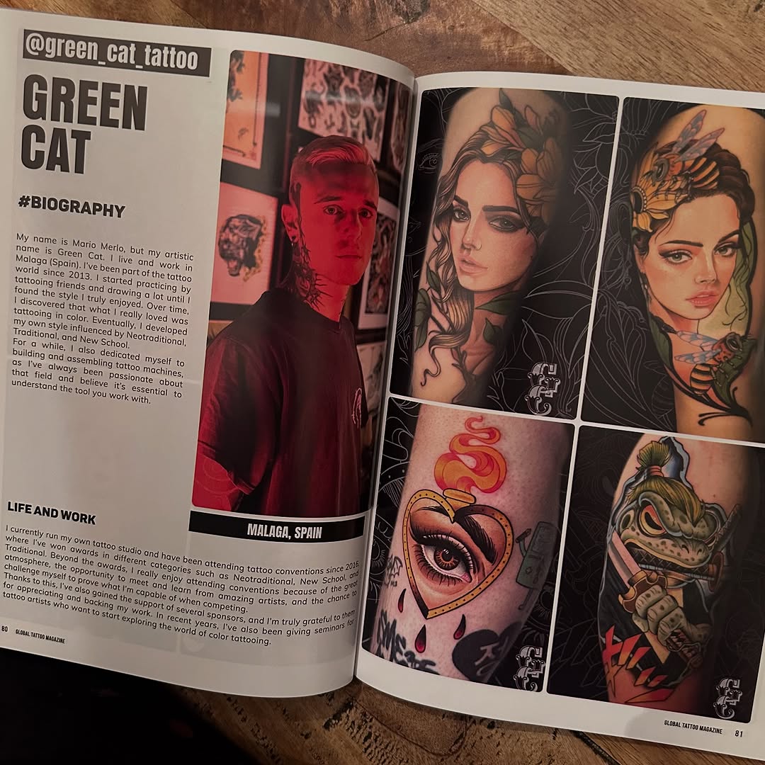 Magazine spread featuring Green Cat tattoo artist's portfolio with portrait and nature-themed tattoos in color on arms and body.