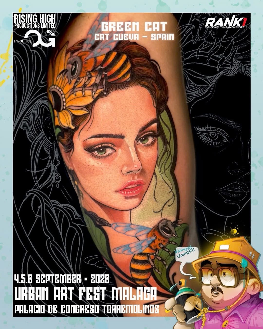 Colorful portrait tattoo on arm featuring a woman's face with butterflies in her hair and green foliage, displayed in orange, yellow, and black tones.