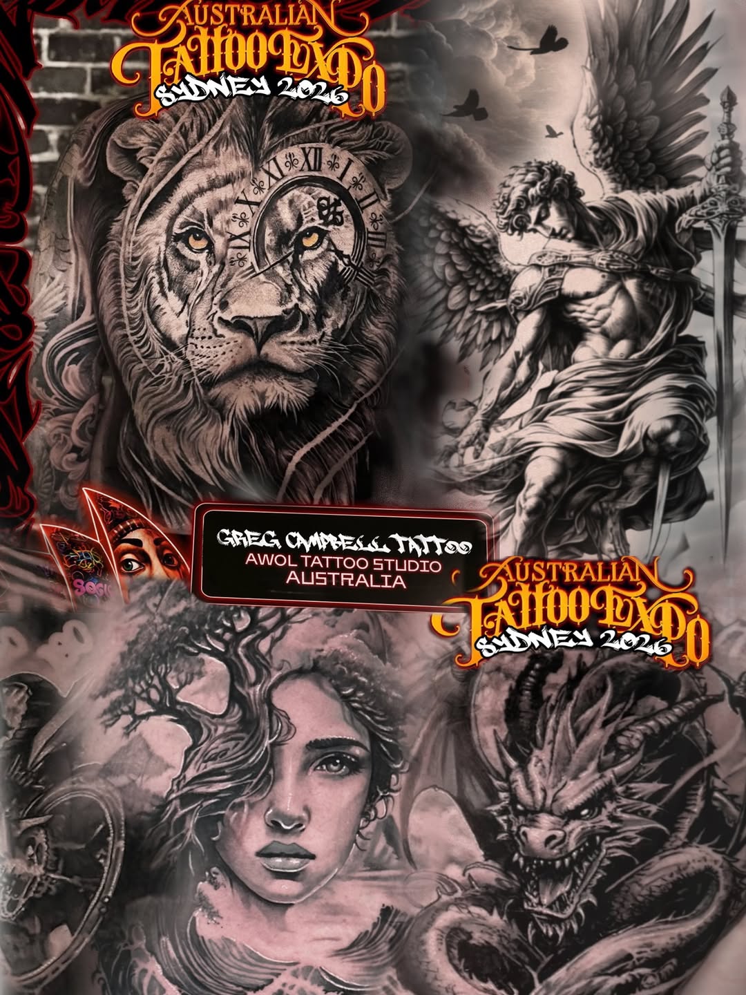 Greg Cummings' portfolio showcase featuring a lion with clock face, winged angel, dragon, and female portrait in grayscale ink on skin.