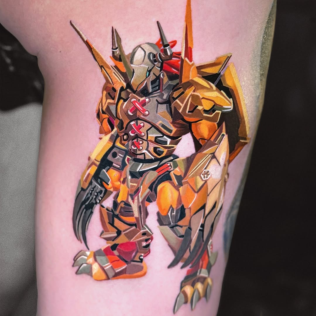 Orange and gold mechanical robot with spikes and red accents tattooed on the upper leg, featuring intricate geometric details and sharp protrusions.