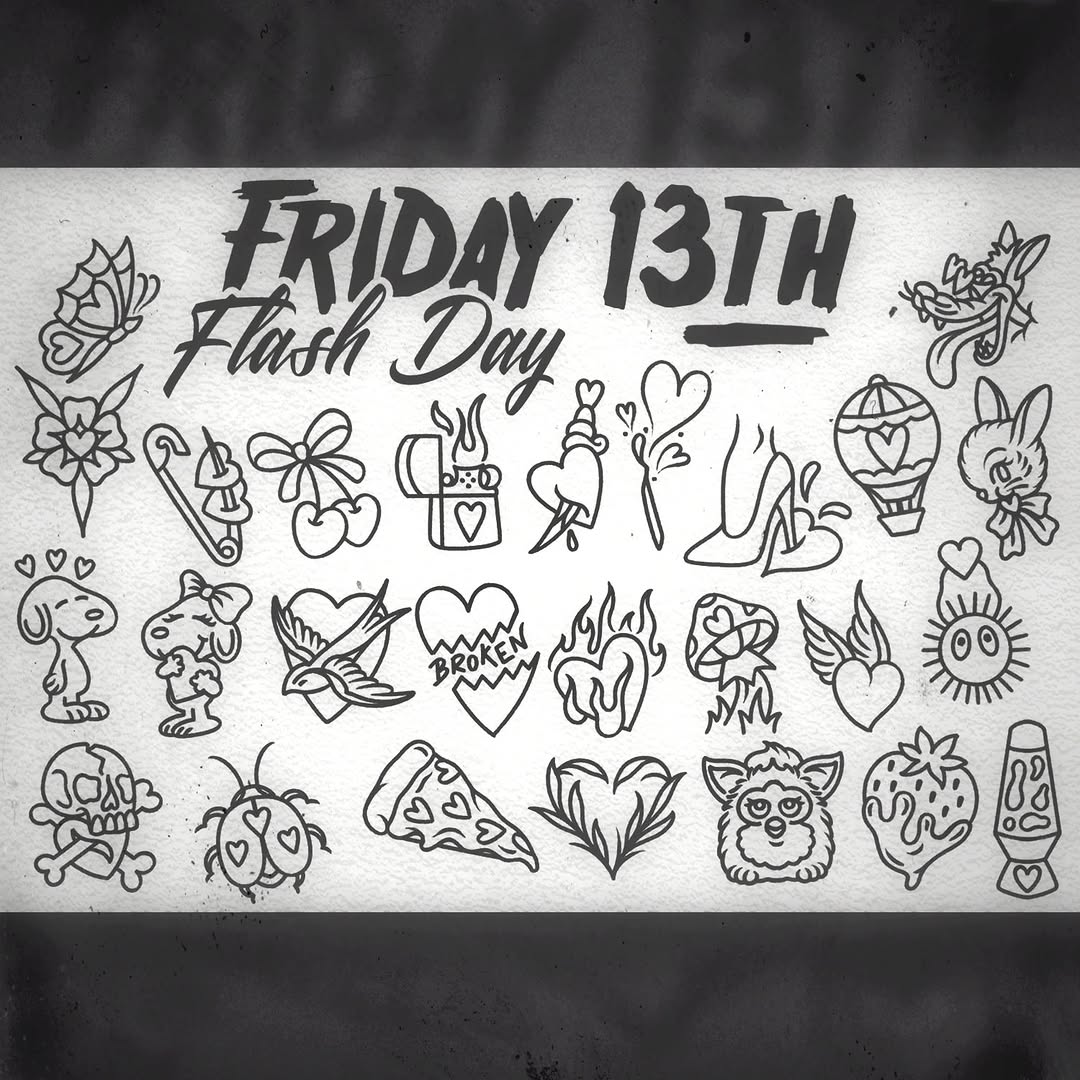 Friday the 13th Flash Day flash sheet featuring hand-drawn black ink designs including hearts, flowers, animals, skulls, and decorative elements on white paper.