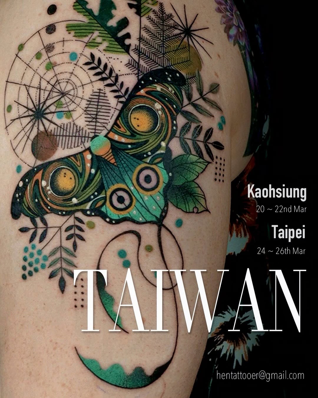 Colorful moth tattoo with geometric patterns, botanical elements, and circular designs in greens, oranges, and blues on upper arm.